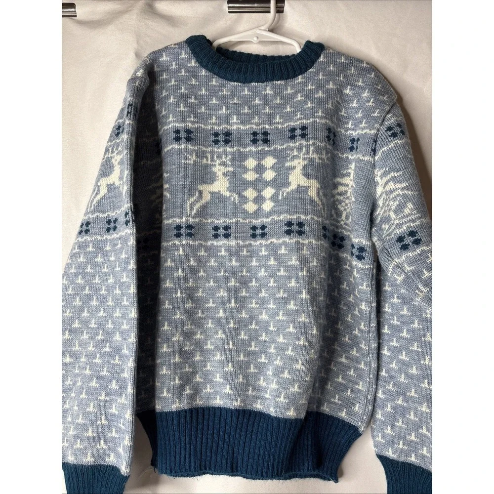 Vtg Perimeter Sweater Youth Medium 12-14‎ Reindeer Holiday Crew Neck Blue White